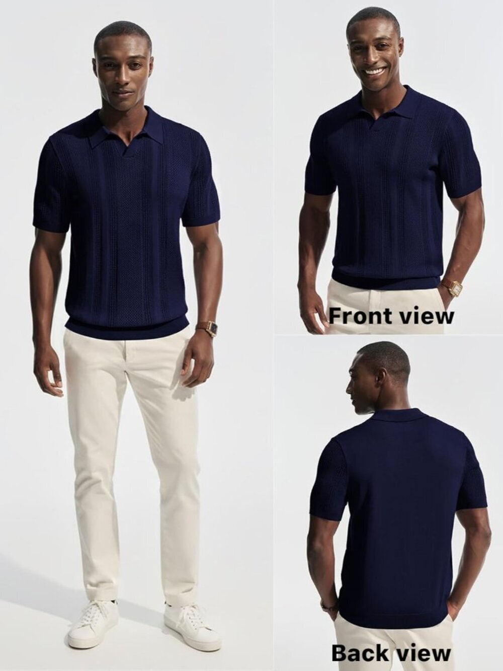 Men's Navy Blue Polo Shirts Short Sleeve V Neck Knit Casual Golf Polos - Picture 2 of 6